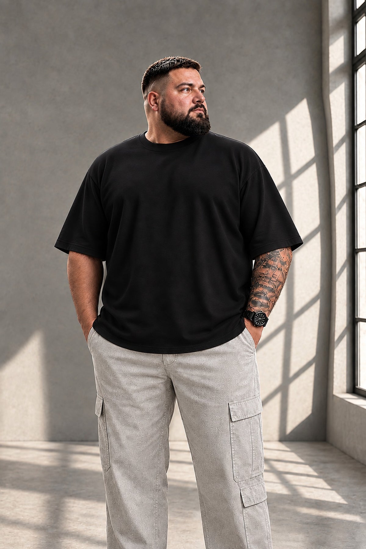 Mann in Größe 3XL trägt schwarzes LR TEX Oversize T-Shirt mit extra langem Schnitt, Vorderansicht
