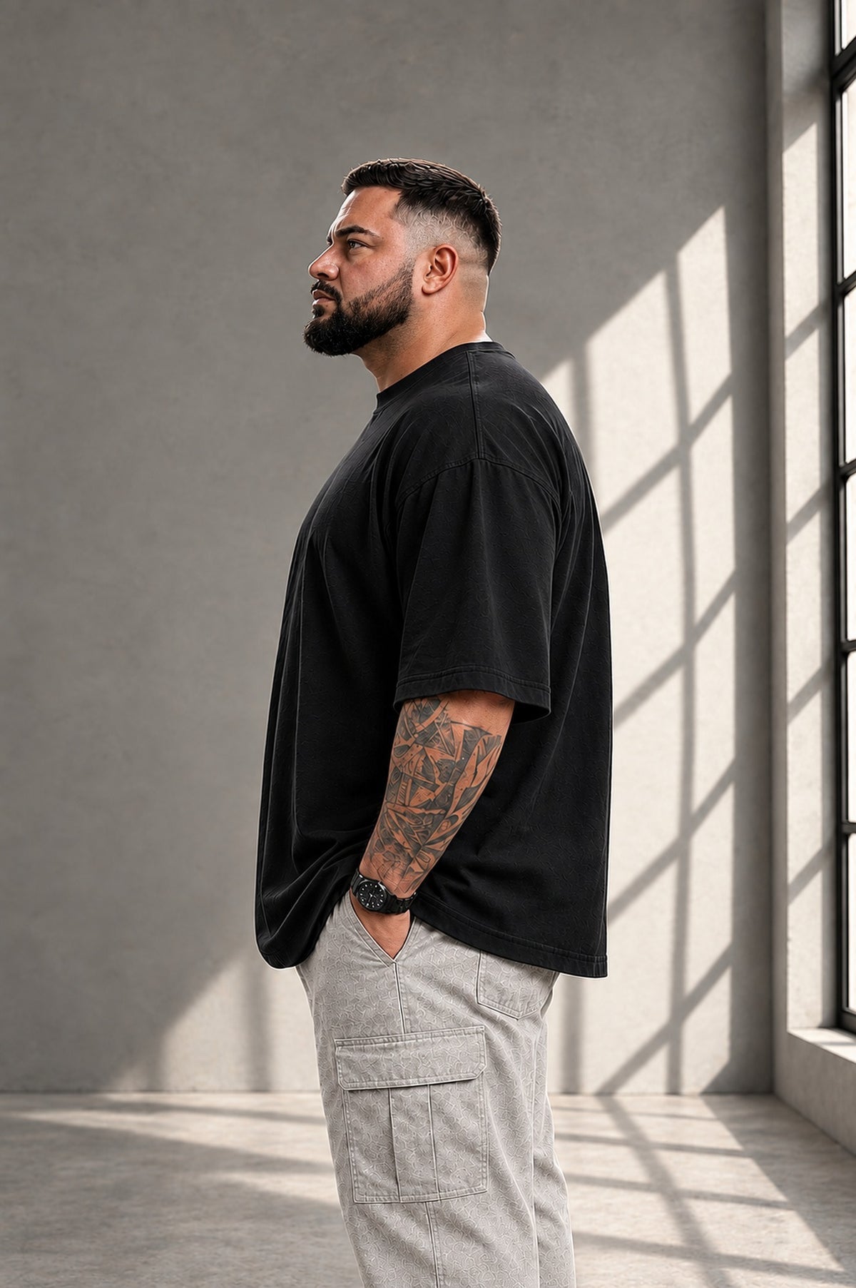 Seitenansicht des schwarzen LR TEX Oversize T-Shirts, die extra lange Saumlinie ist sichtbar