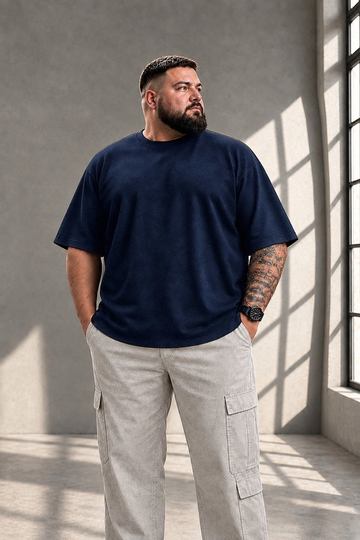 Mann in Größe 3XL trägt marineblaues LR TEX Oversize T-Shirt mit extra langem Schnitt, Vorderansicht